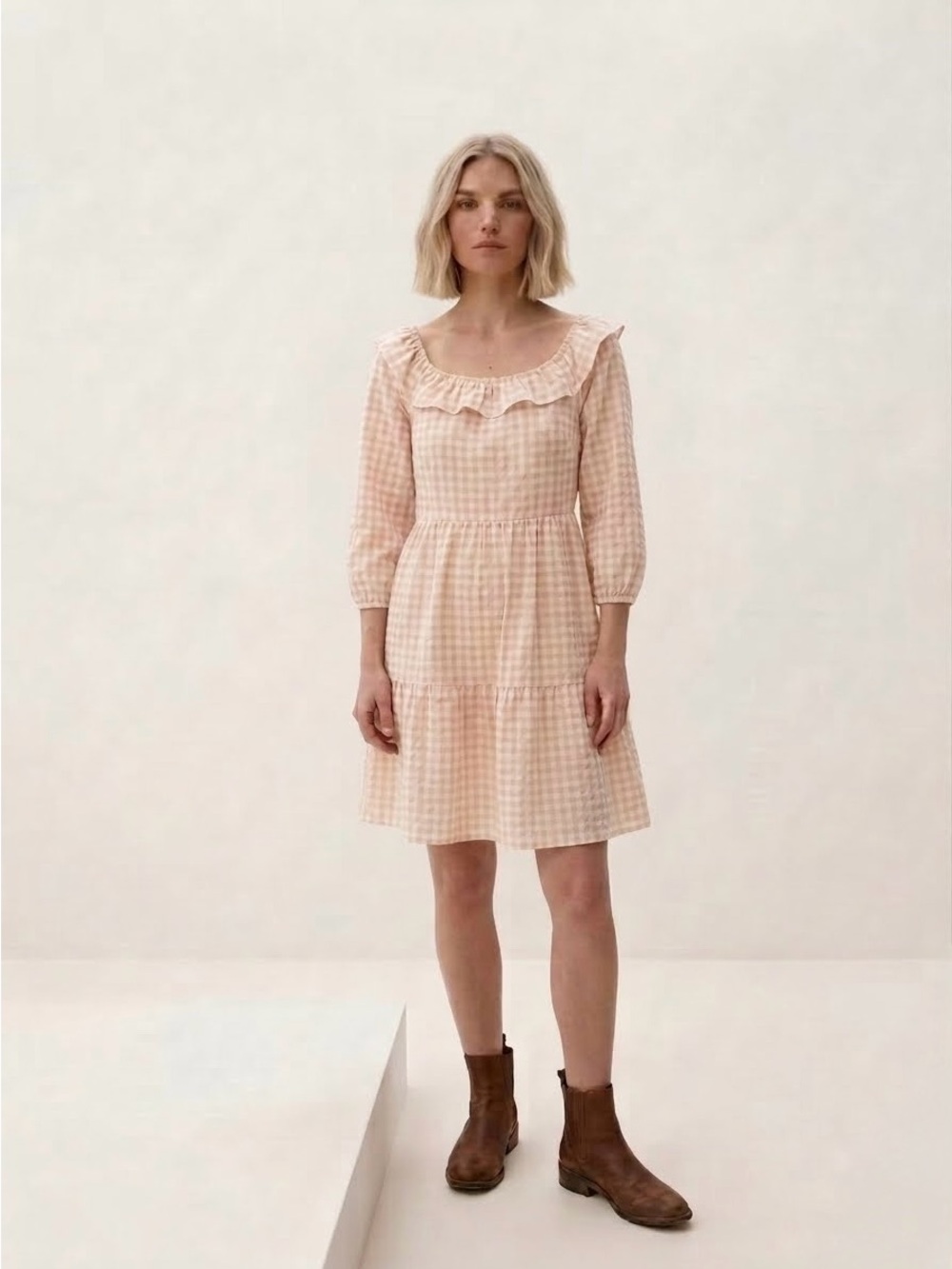 J.Crew Seersucker Ruffleneck Gingham Mini Dress Tan White 100% Cotton Size 4